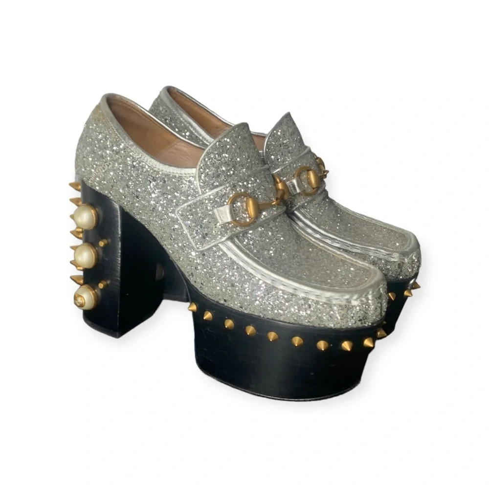 Gucci Vegas Silver Glitter Platform Loafers with Gold Stud & Spike Accents Rare